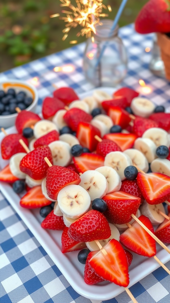 Colorful fruit skewers with strawberries, bananas, and blueberries on a festive table for July 4th.